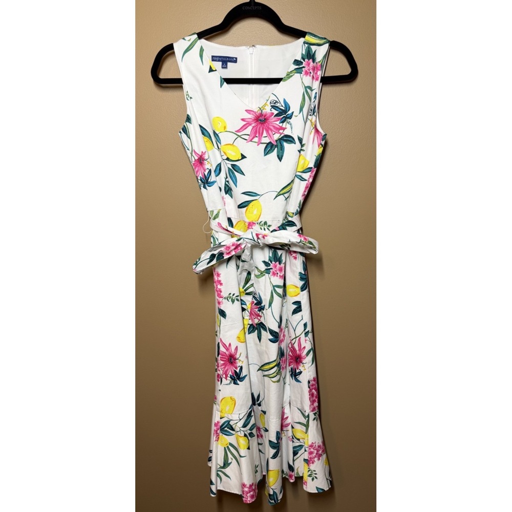 RSVP Talbots Lively Lemon Dress 4 Floral Fit Flare Cotton Belted Midi Sundress